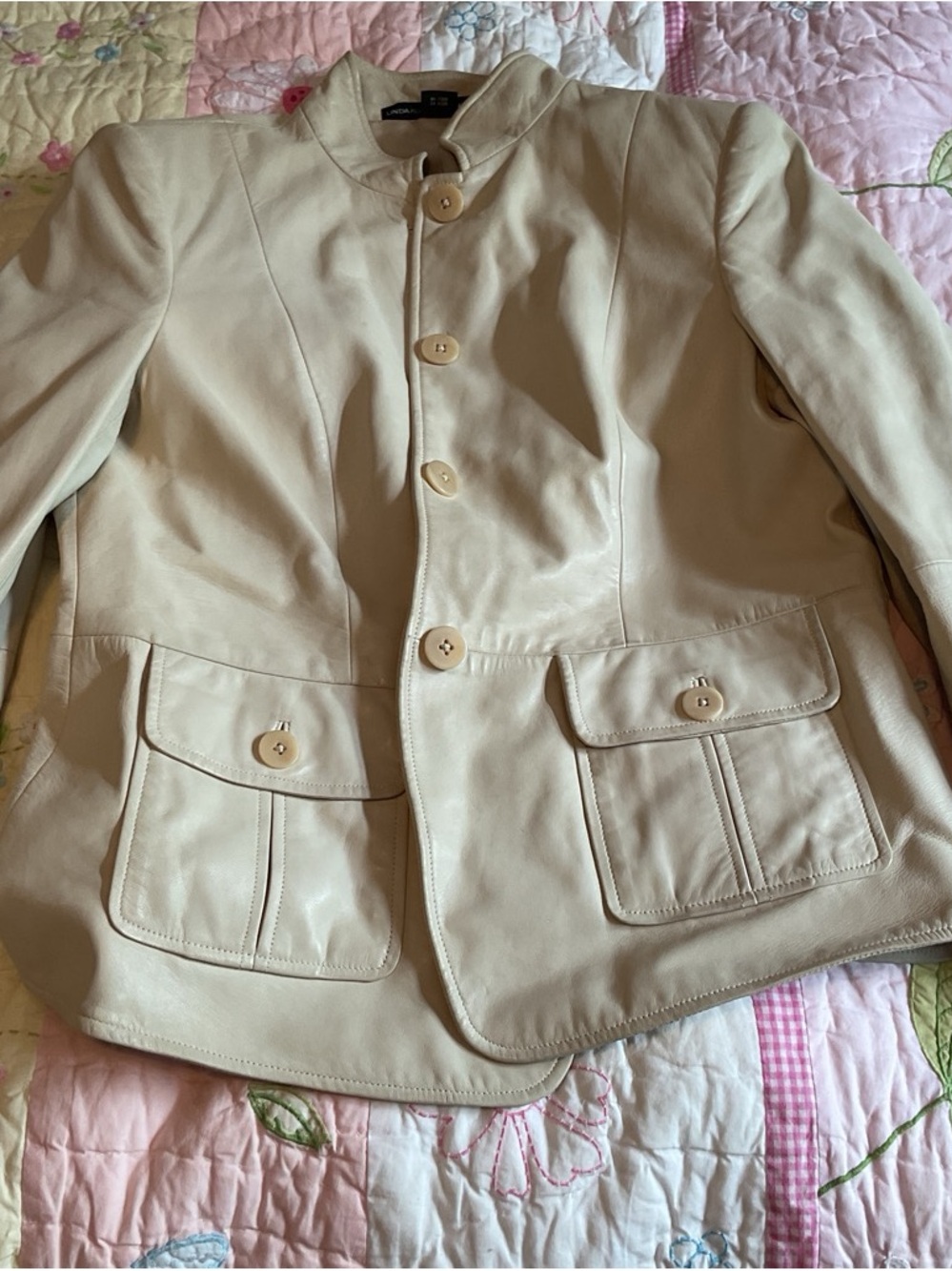 Ellen Tracy Cream Leather Button-Front Jacket